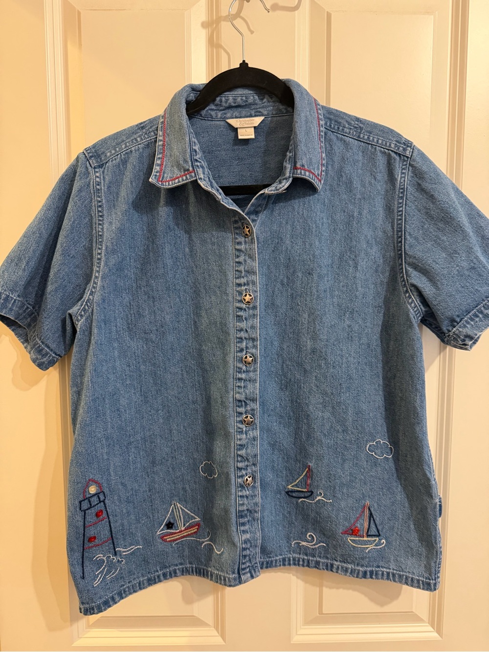 Nautical, coastal grandma, lighthouse embroidered star button up denim blouse